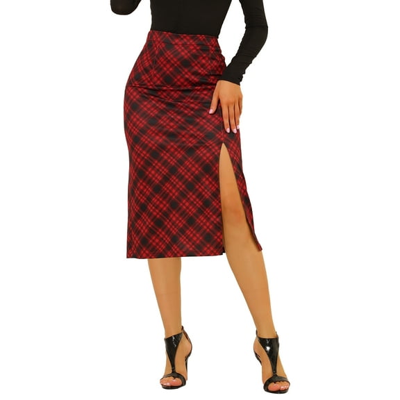 INSPIRE CHIC Women's Skirt Plaid Pattern Straight Line Elastic Back Knitted Stretchy Slit Skirt XS Red