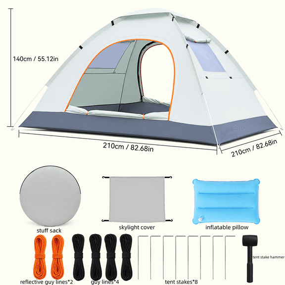 Pop Up Camping Tent, Instant Tent with 2 Doors, 2 Windows and Skylight, 74.8 x 74.8 x 49.2 in, Gray