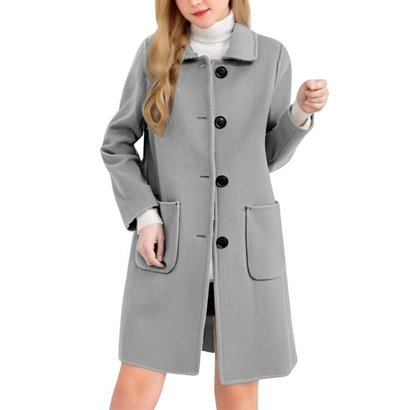 Wensltd Women's Long Wool Blend Overcoat with Lapel Solid Color Knee Length Classic Winter Coat with Pockets Button Closure