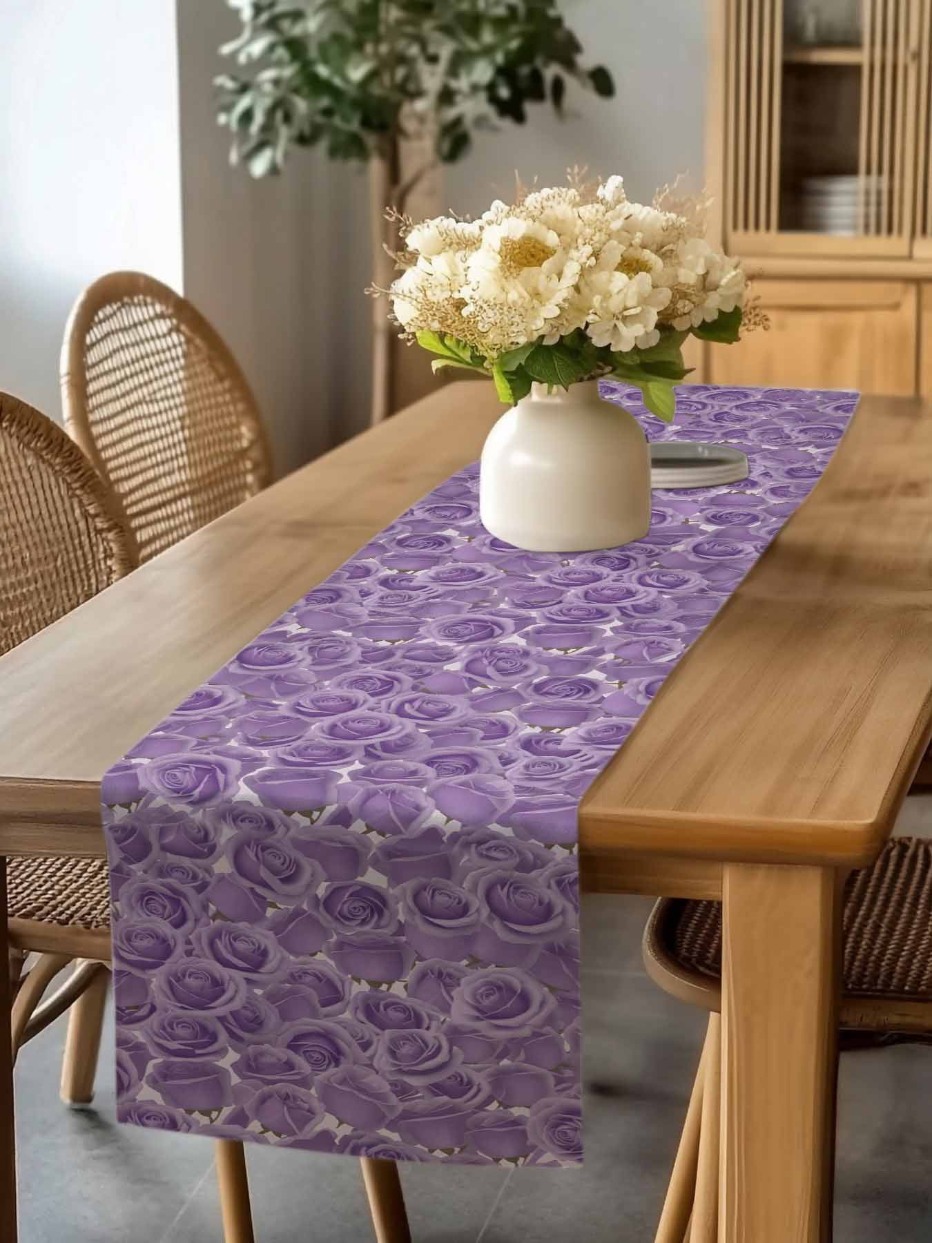 Purple Rose Table Runner, Valentine's Day Washable Cotton-linen Table Runners Dining Kitchen Decoration for Everyday Home Wedding Party Decor, 13 x 120 Inch