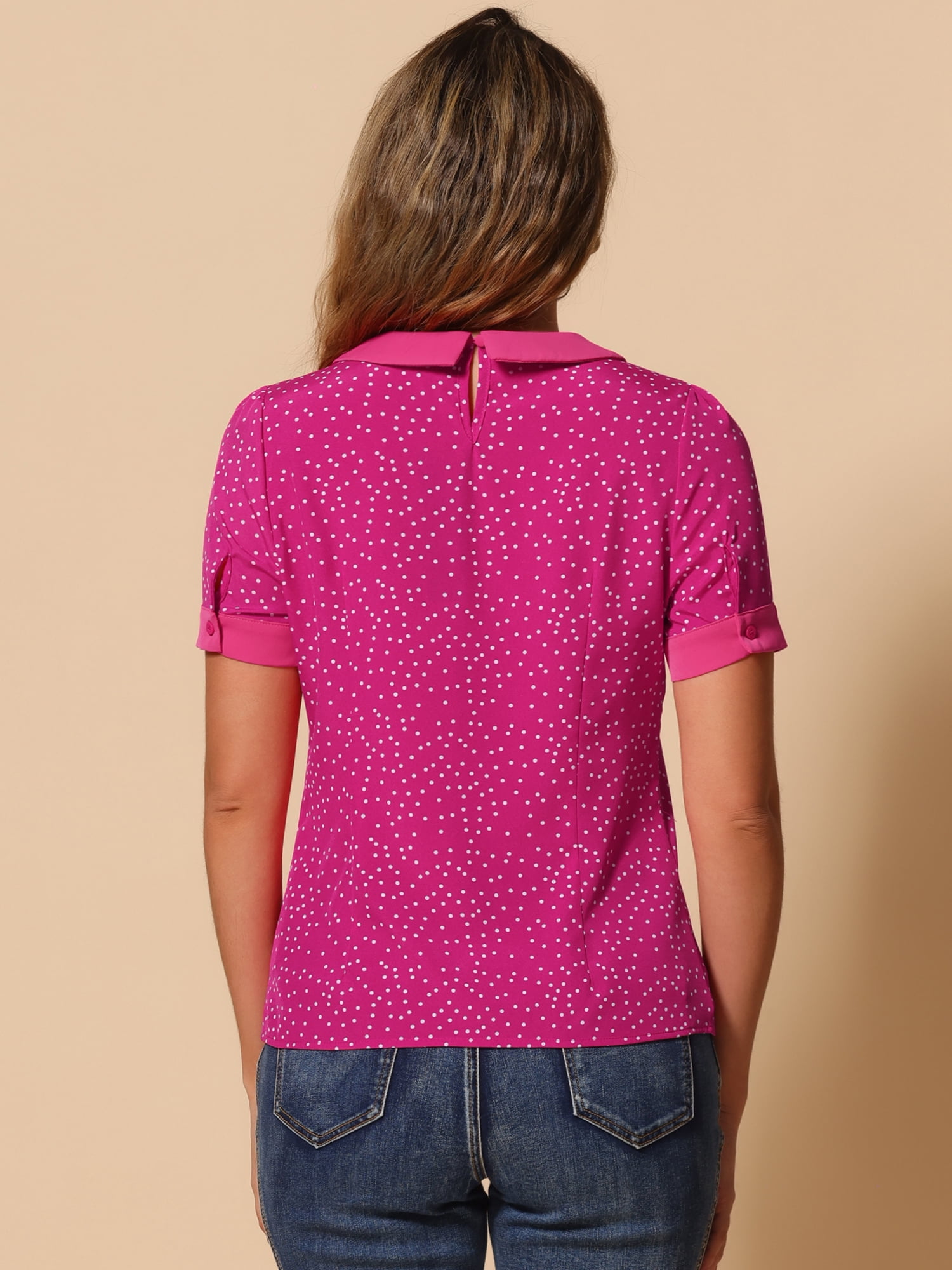 DARING DIVA Women's Peter Pan Collar Polka Dots Short Sleeve Tops XS Hot Pink