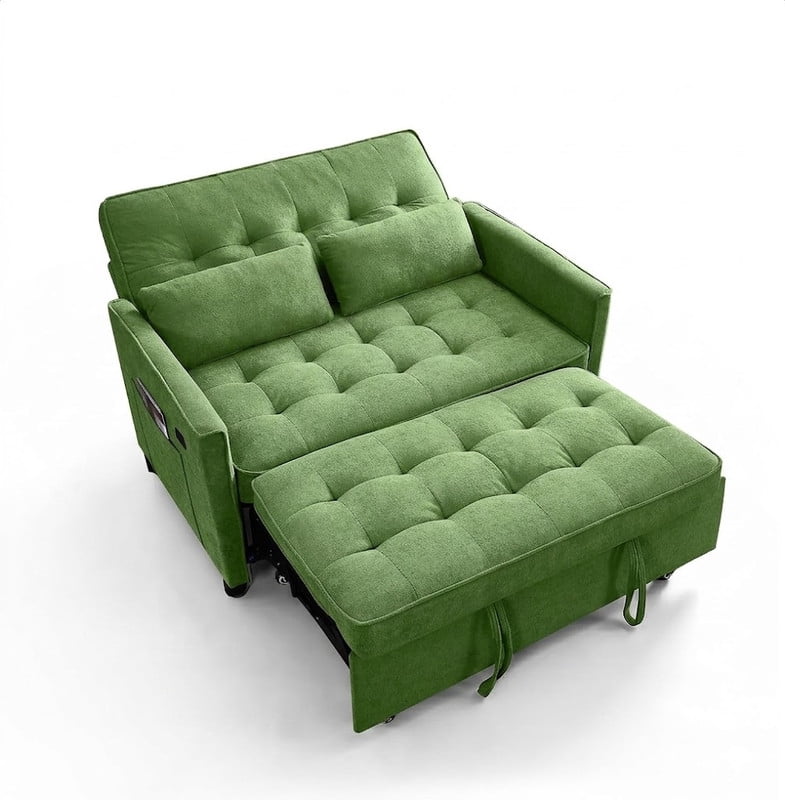 3-in-1 Convertible Sofa Bed with USB Charging Ports, Pull-Out Sleeper Sofa with Adjustable Backrest and Side Pocket, Compact Loveseat Couch for Living Room, Apartment, Dorm