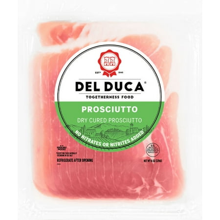 Del Duca, Dry Cured Prosciutto, Sliced Pork Deli Charcuterie Meat, 6 oz Plastic Tray, Serving Size 1 oz, 9 Grams of Protein per Serving