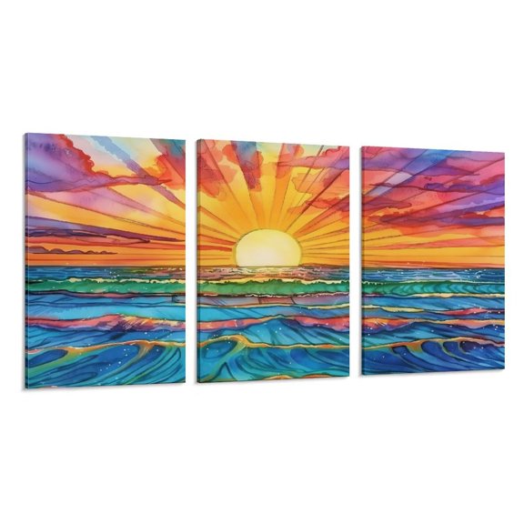 RKSupls 3 Piece Canvas Wall Art Set Modern Farmhouse Living Room Decor Vibrant Sunset Rays Waves Prints Framed Ready to Hang for Bedroom Office