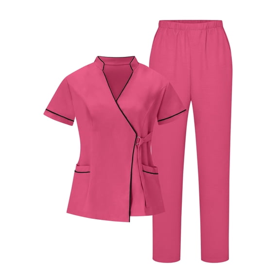 TEAJOPSUU Scrubs for Women Set Contrast Trim Scrub Sets V Neck Nurse Outfit Matching Straight Leg Pants Medical Scrubs C-Hot Pink