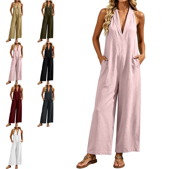 MLCDZ Womens Linen Jumpsuit Deep V-Neck Sleeveless Elegant Cozy Loose Wide Leg Pants with Pockets Casual Beach Vacation Rompers