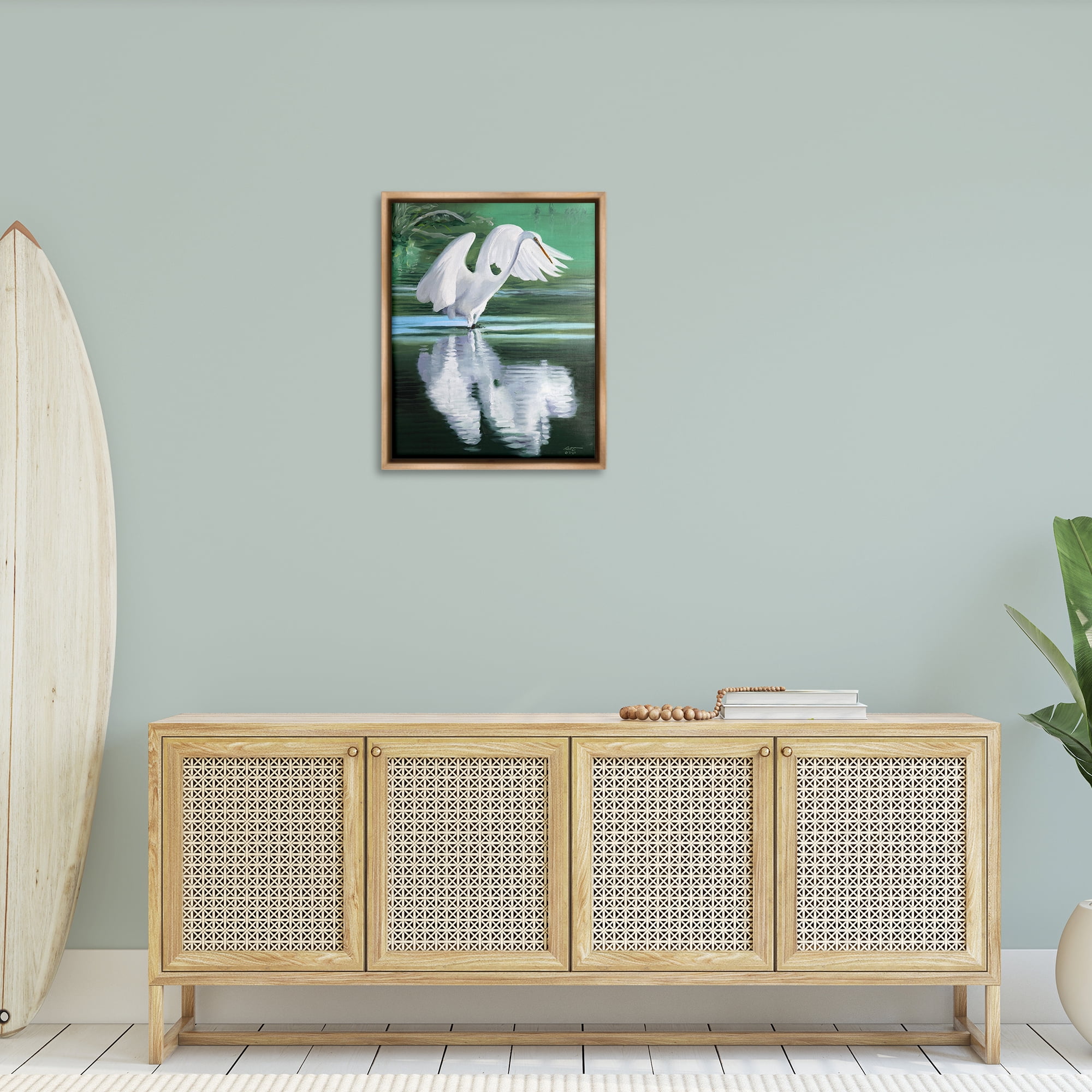 Stupell Industries Egret Flapping Wings Animals & Insects Painting Brown Floater Framed Canvas Art Print Wall Art, 25 x 31