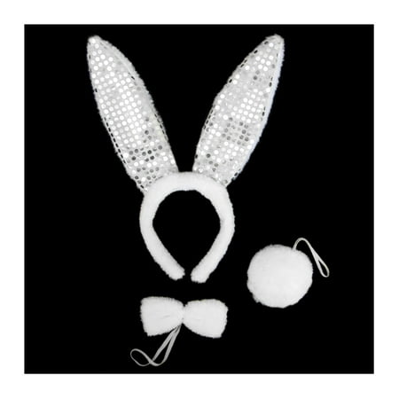 SeasonsTrading White Plush Sequin Bunny Ears Costume Set - Rabbit Party