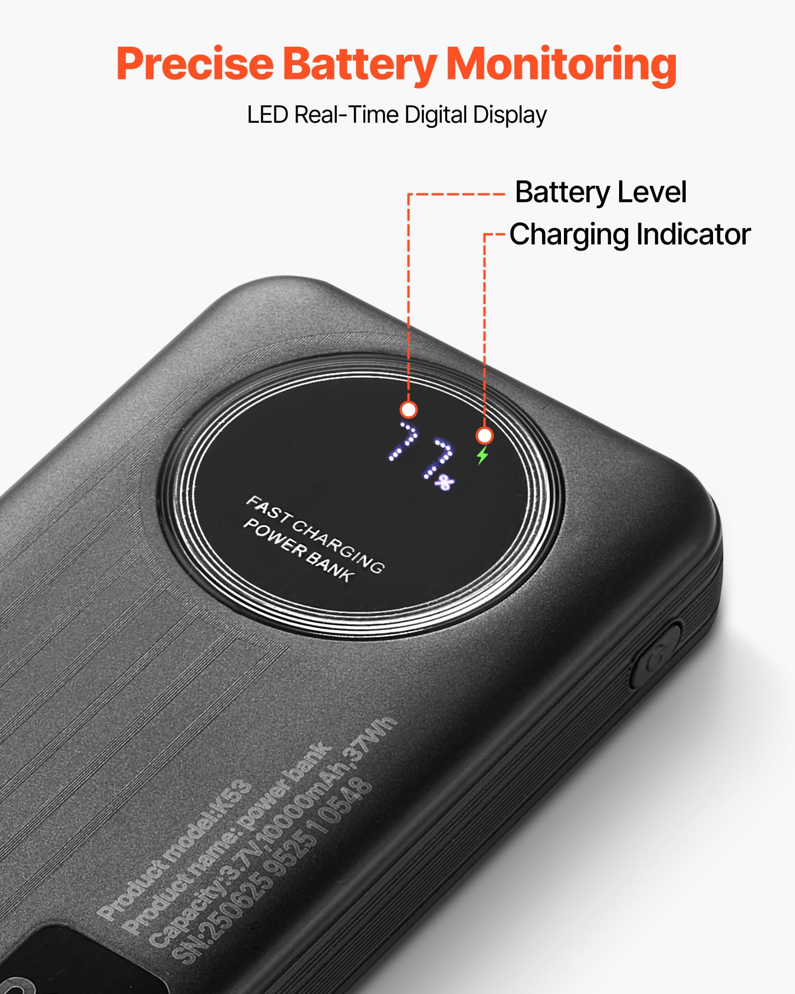 VEVOR Portable Charger, with Built-in Cables, 10000 mAh Travel Battery Pack, 6 Outputs 3 Inputs Fast Charging Power Bank with USB Type-C Micro-B Input,Smart LED Display, for iPhone, Samsung, Android