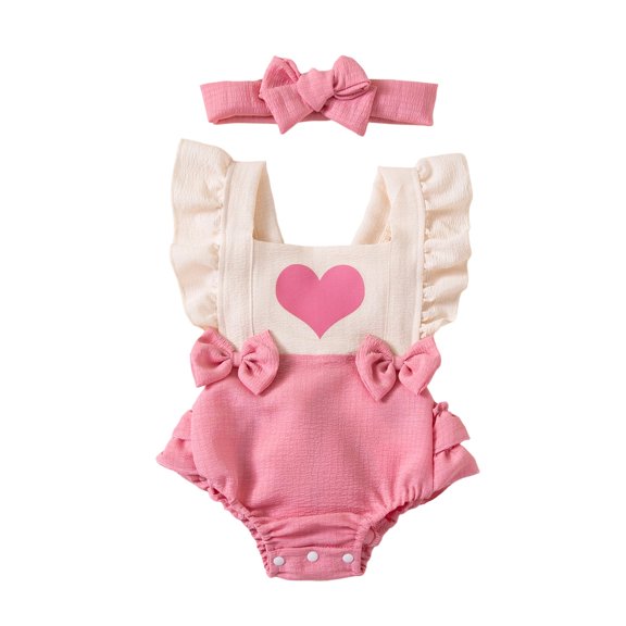 Baby Rompers Girl Heart Print Flutter Sleeve Ruffled Bowknot Bodysuit & Headband 2 Piece Daily Wear Girls Jumpsuit 9 Months-12 Months