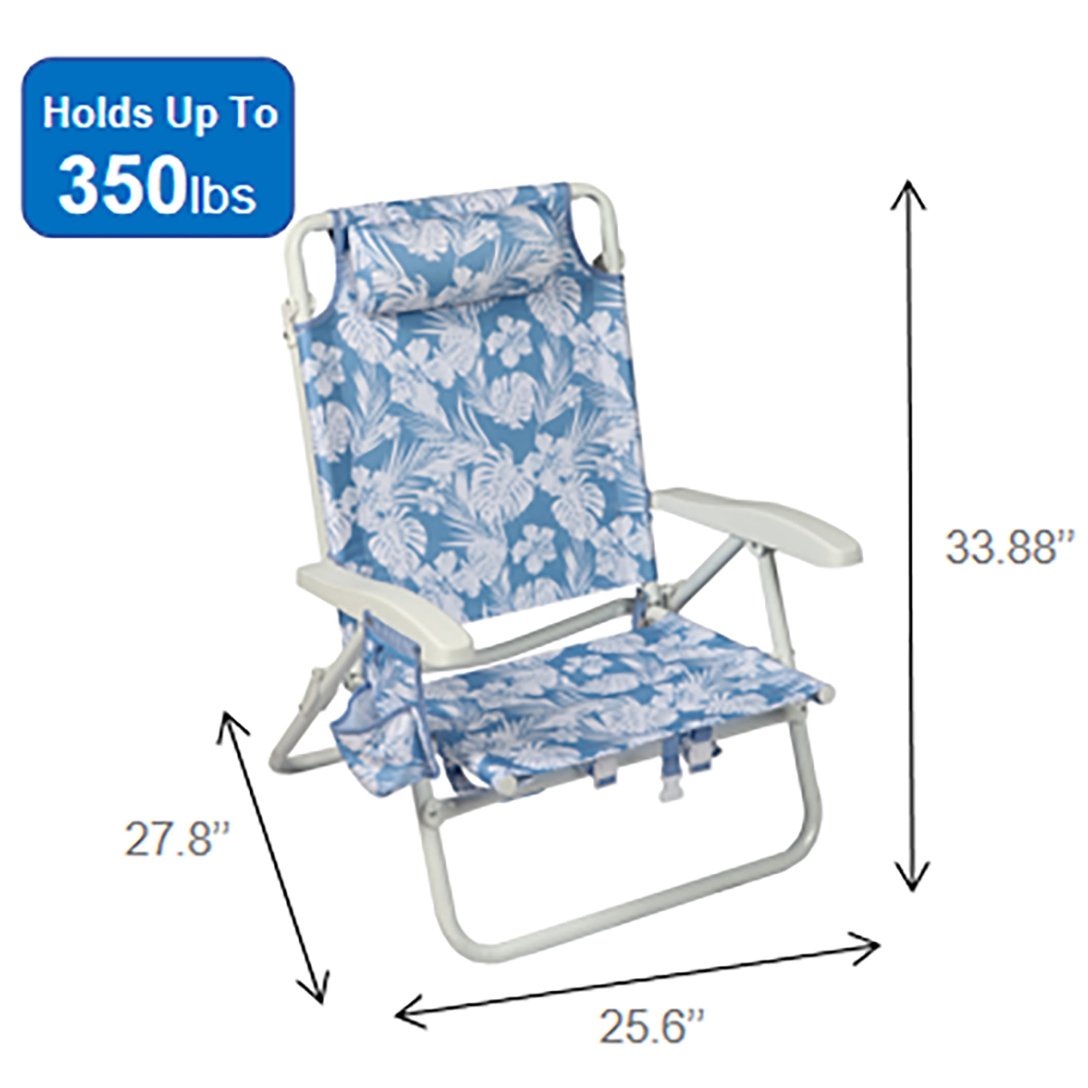Mainstays Oversized Reclining Beach Chair with Backpack Straps, Blue Palm Print