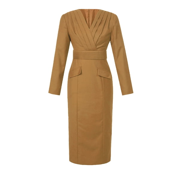 ZYHT 30602 Long Sleeve V-neck Ruffle Business Pencil Vintage Dress New Collection Casual Office Lady Long Dress