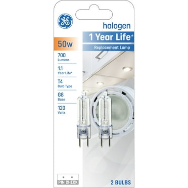 GE Halogen Light Bulbs, 50 Watt, Soft White, T4 Specialty Bulbs, G8 Base, 2pk