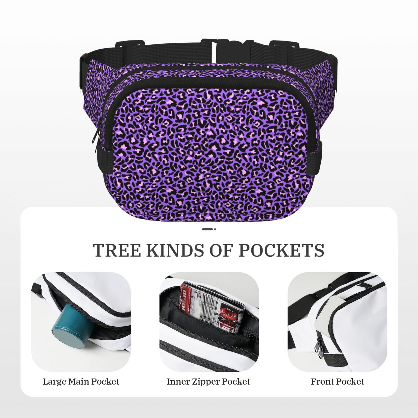 Hirioo Purple Leopard for Double Layer Waist Bag Adjustable Fanny Pack For Travel Running Hiking