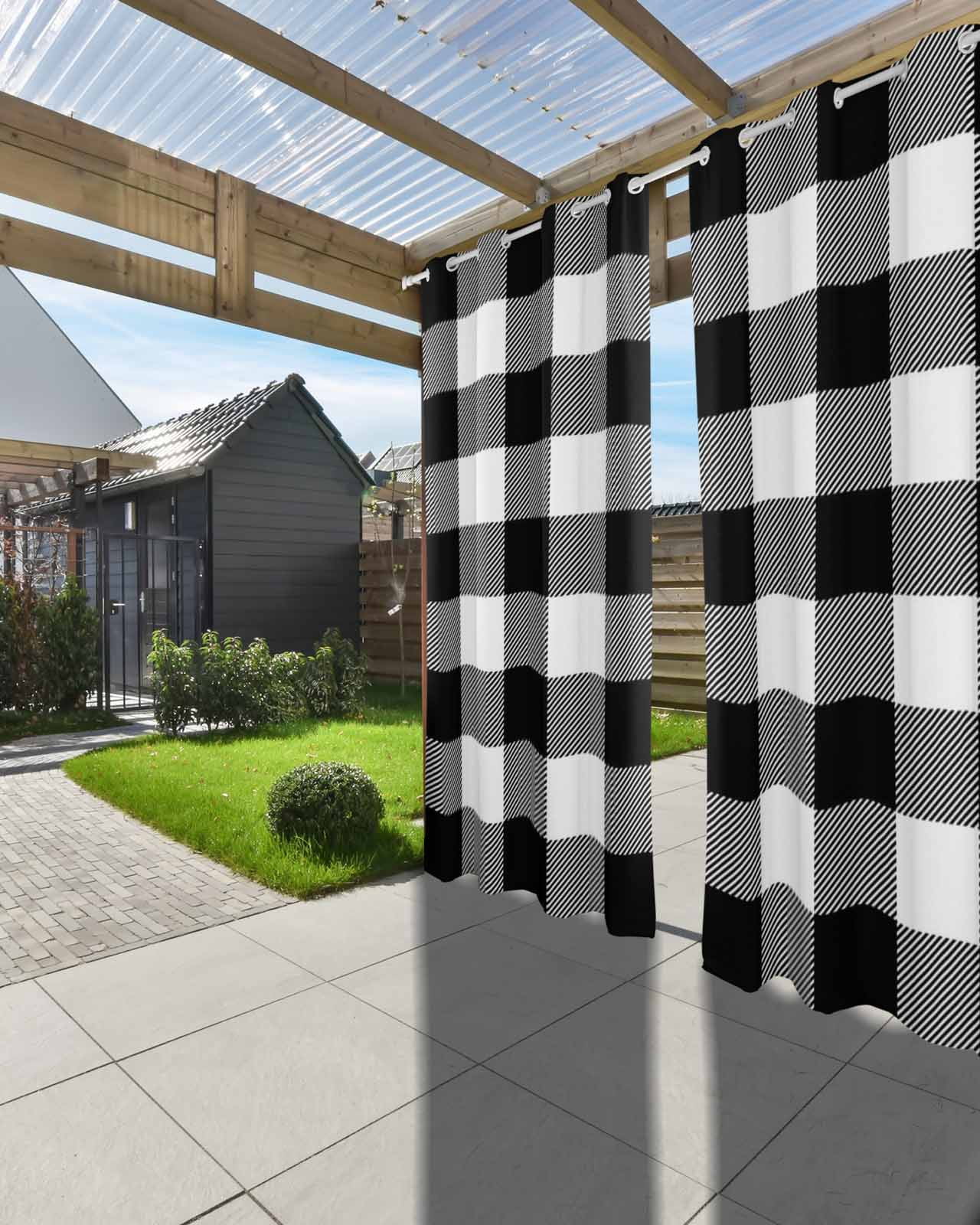 Black White Plaid Outdoor Curtains for Patio, Farmhouse Modern Abstract Art Buffalo Privacy Drapes Grommet Waterproof Outside Curtains for Porch/Cabana/Balcony 54"x 95", 2 Panel