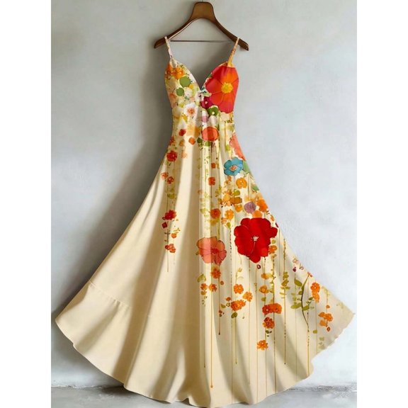 Multicolor Watercolor Floral Print V-Neck Sleeveless Slip Maxi Dress For Women
