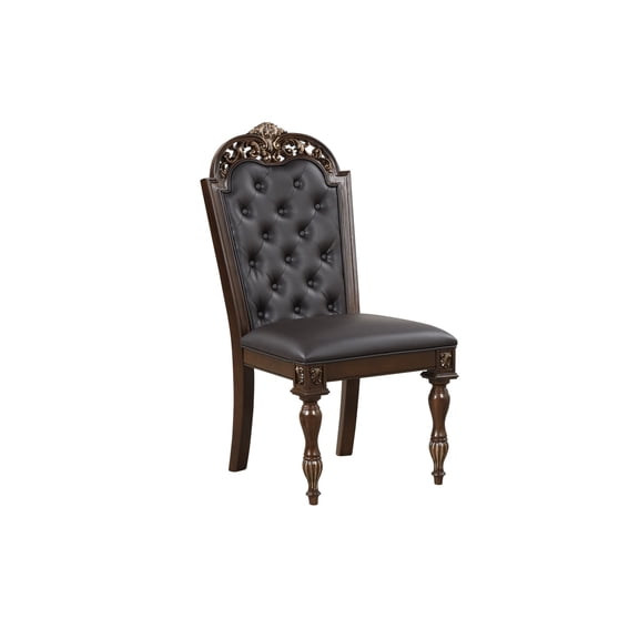 Mitch 21 Inch Tufted Dining Chair - Carved Details - Faux Leather Seat - Brown