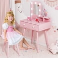 thumbnail image 6 of Pirecart Kids Vanity Table and Chair Set, Kids Wood Makeup Dressing Table with 7 Lights, Mirror, 2 Drawers, Princess Makeup Dress-Up Toy for Toddlers 3+, Pink, 6 of 9