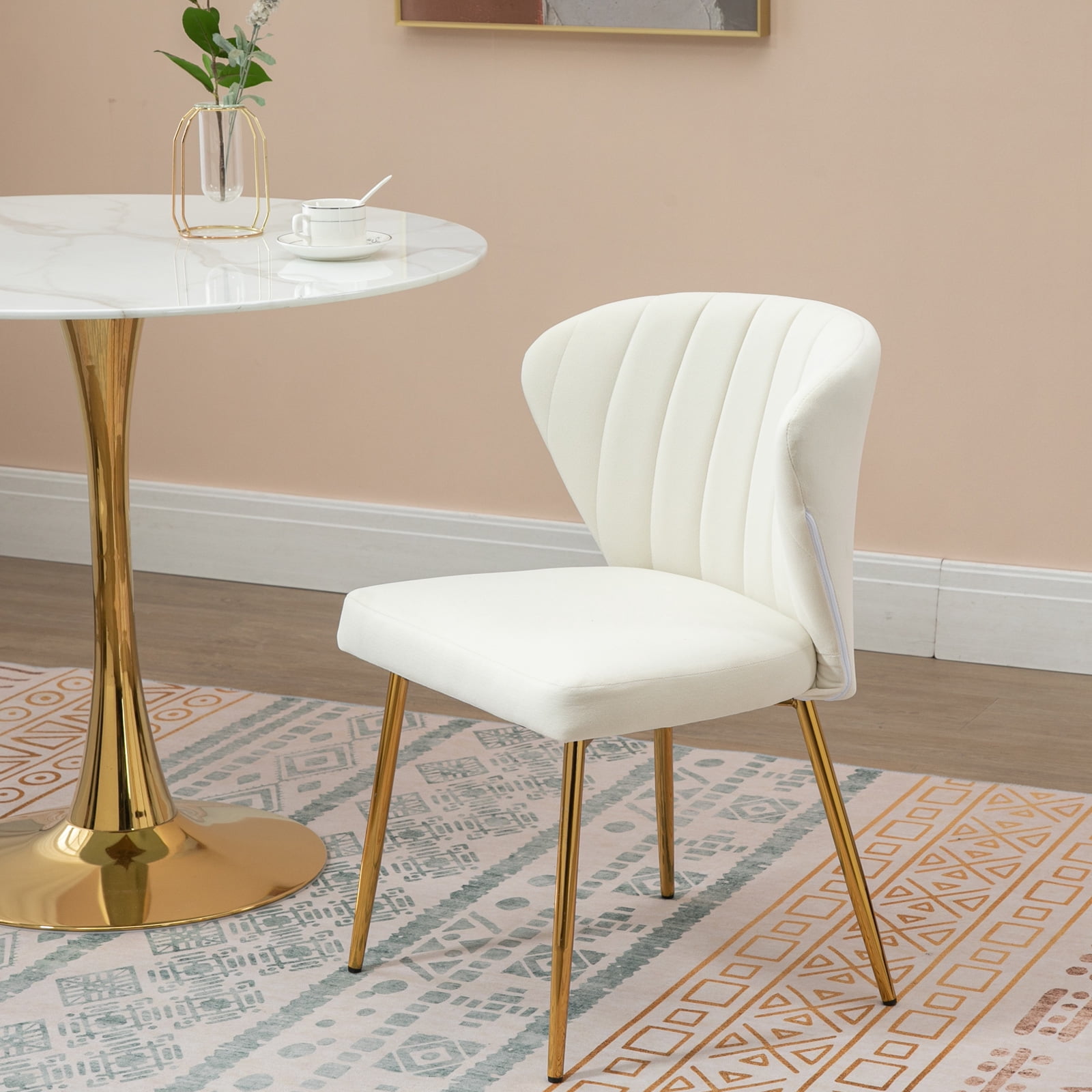MOJAY Modern Velvet Dining Chair Set of 2, Dining Table Chair, and Living Room Chair with Tufted Backrest and Golden Legs, White