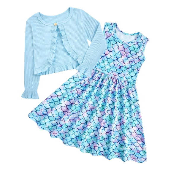 Aideaone Toddler Girl Sleeveless Dresses and Long Sleeve Ruffle Cardigan 2 Piece Fall Outfits for 2-7T