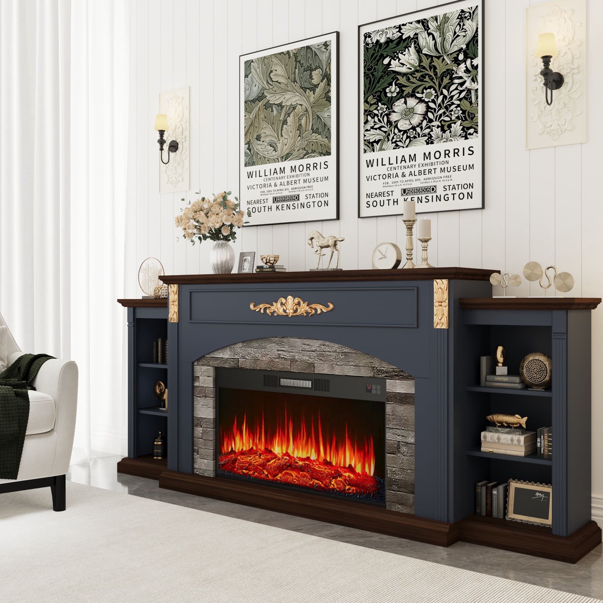 BOSHIRO 80" Blue Electric Fireplace with Mantel, TV Stand Fits 90" TVs, 30" Insert Heater