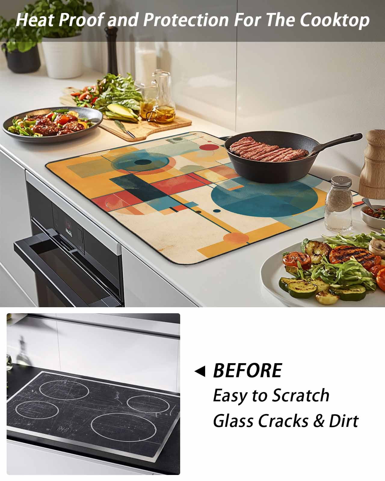 Stove Top Covers for Electric Stove, Blue Yellow Geometric Glass Stovetop Cover Protector, Vintage Oil Painting Abstract Art Induction Cooktop Protector Oven Mat for Kitchen Countertop 24"x21"