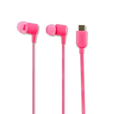 onn USB-C Wired Earphones with Microphone, Pink, Tangle-Free