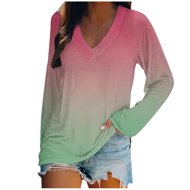 KIHOUT - Blusas casuales para mujer, liquidación 2024, moda clásica, color degradado, cuello en V, blusas holgadas básicas de otoño, blusas tipo túnica de manga larga