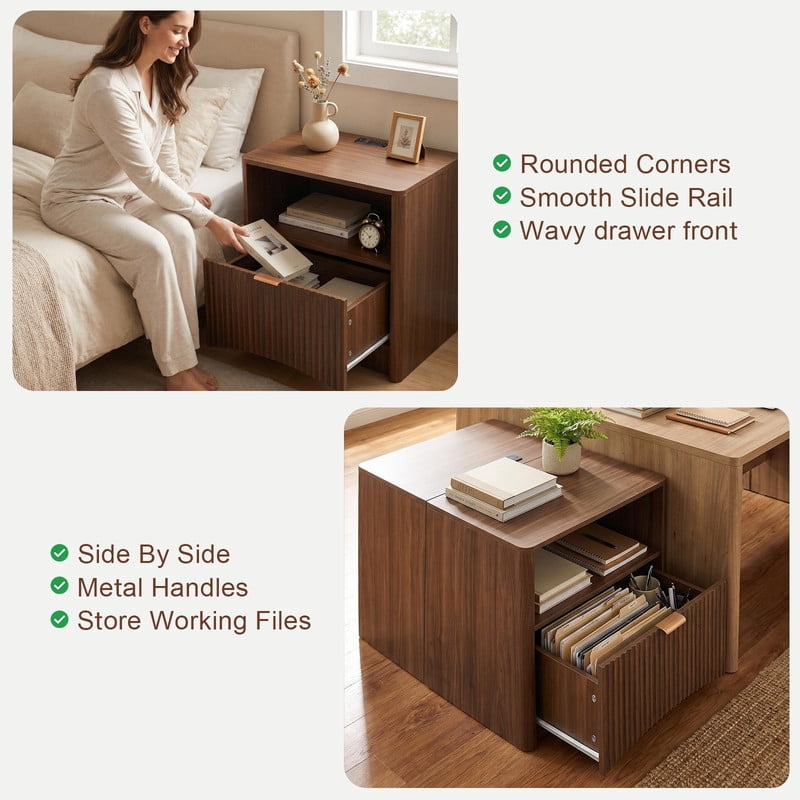 Set of 2 Mid-Century Modern Bedside Table with Charging Station, Storage Nightstand with Open Shelf and Large Fluted Drawer