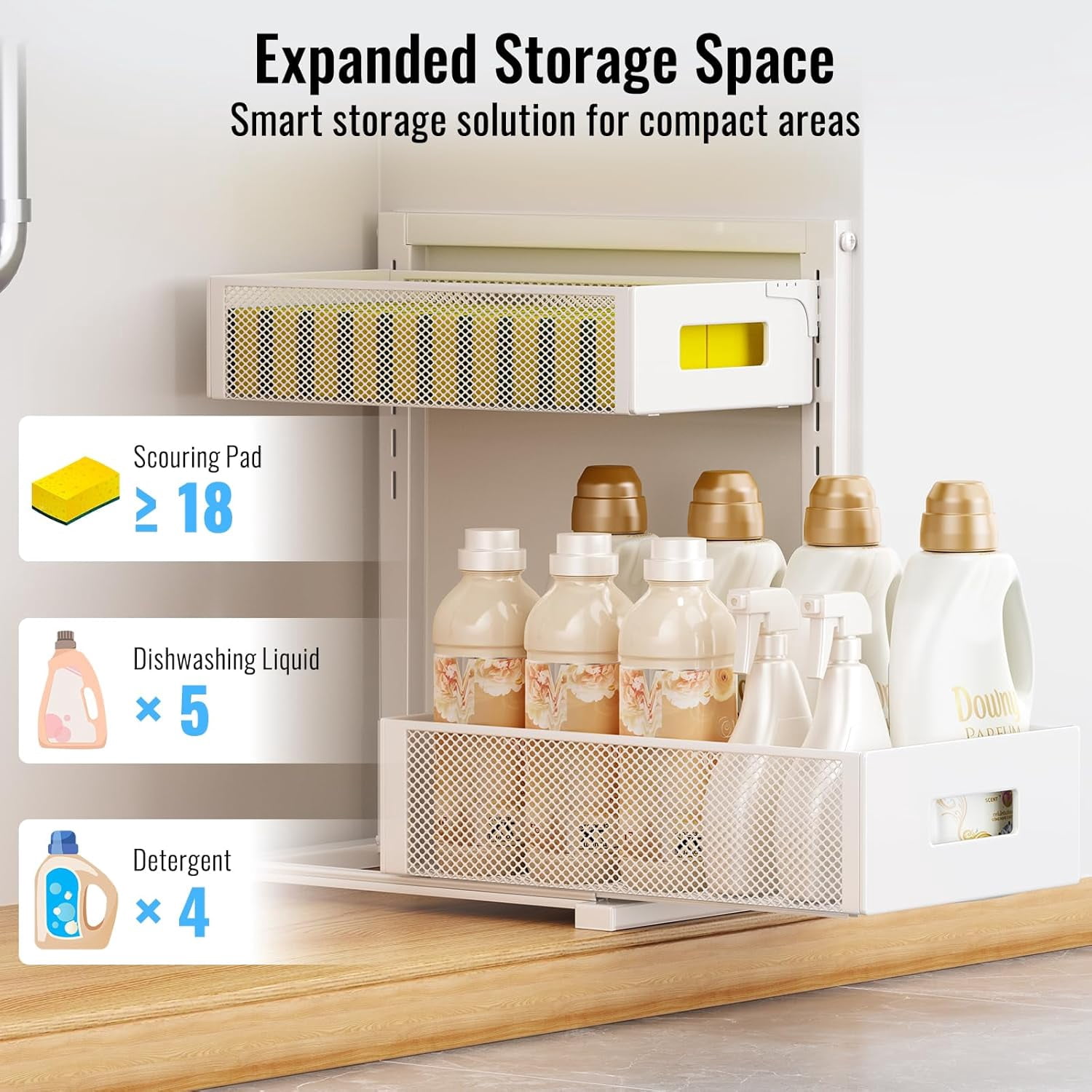 Full Metal Under Sink Organizer, Pull Out Cabinet Organizers and Storage, Silk-Smooth Sliding Drawer for Kitchen, Bathroom, Pantry, Cabinet, Closet (White, 2 Pack)