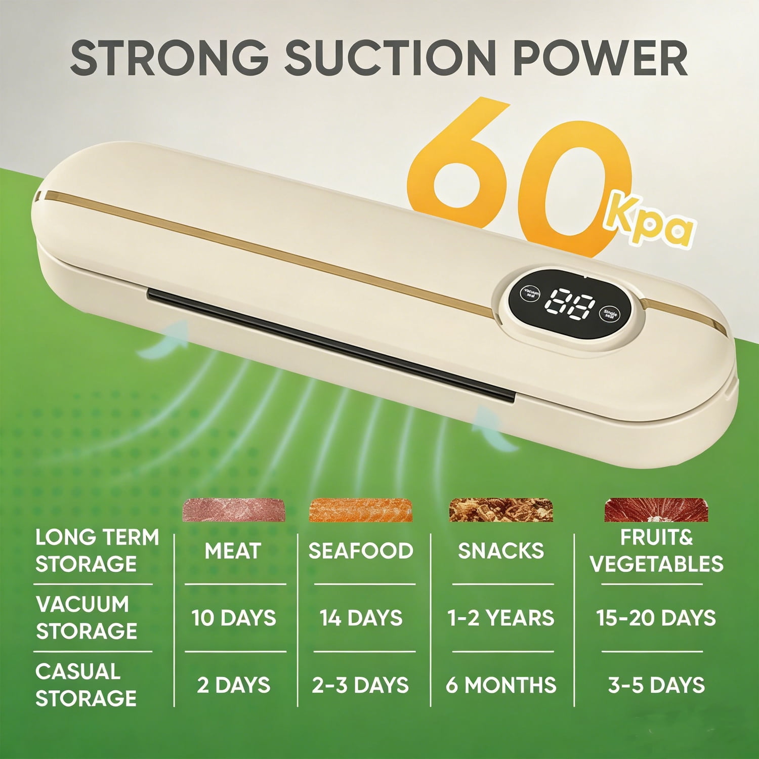 LC-dolida Multifunctional Vacuum Sealer, 60 kPa Food Vacuum Sealer Machine with LED Display & 10 Sealing Bags, 3 Sealing Modes One-click Operation Powerful Suction for Dry and Moist Food（Beige）
