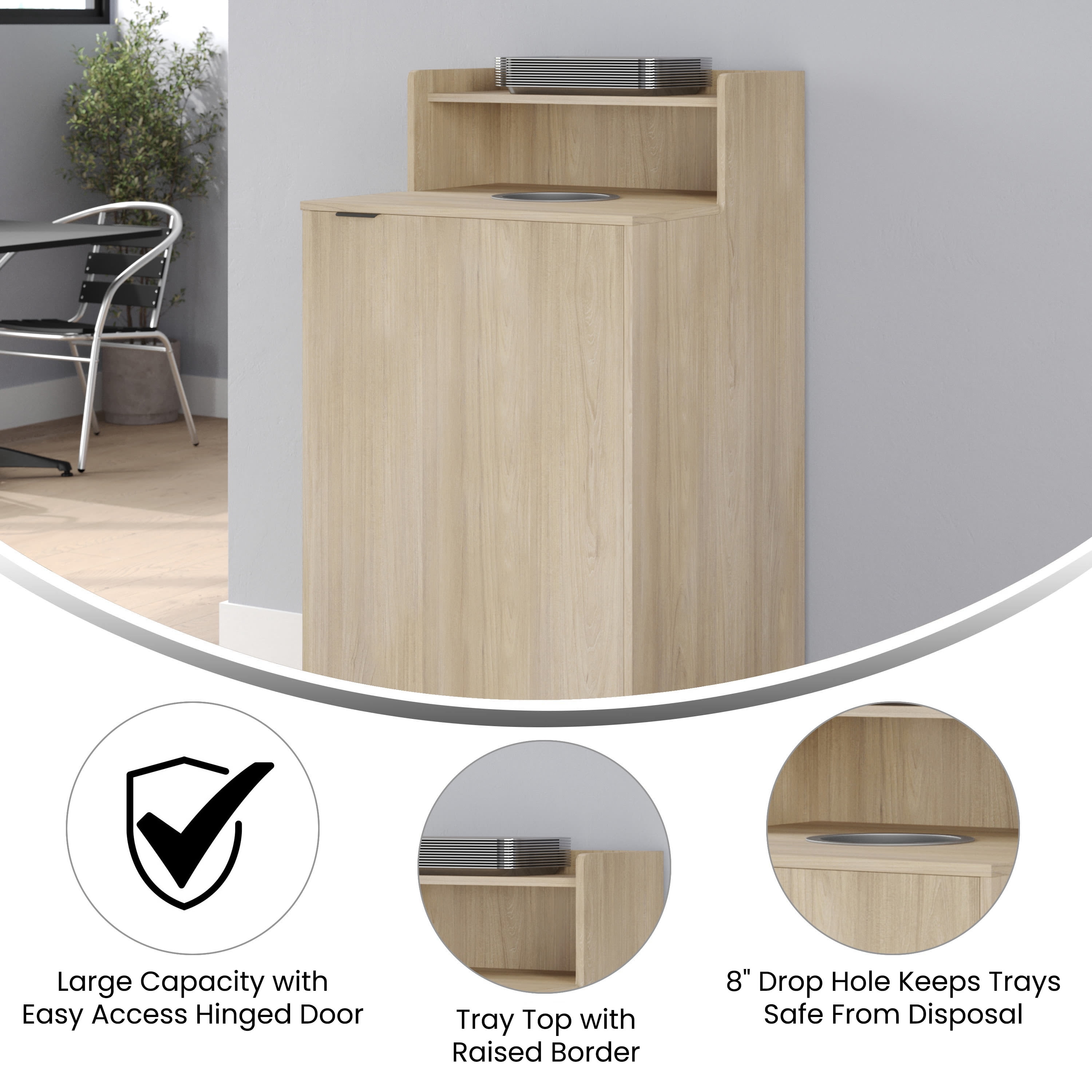 BizChair Trash Receptacle Enclosure with Upper Tray Shelf Oak