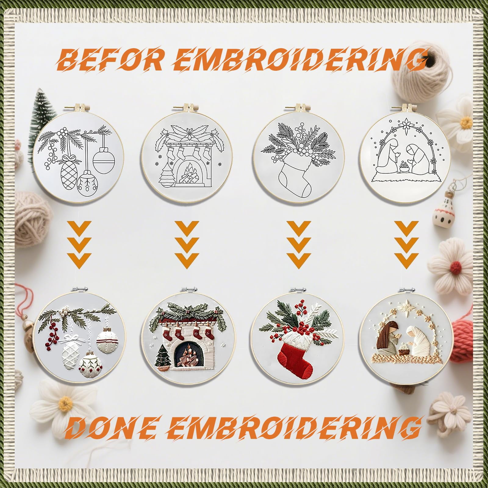 a QSTNOLOGY 4 Sets Christmas Embroidery Kits for Adults, Embroidery Kit for Beginners, Cross Stitch Kits for Beginners with Pattern, Needles, Threads, Tools (Holly+Holiday+Gnome+Nativity Manger)