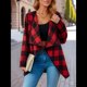 thumbnail image 4 of Chaqueta de Solapa A Cuadros con Abertura Frontal para Mujer, Camisas de Larga para Mujer, Chaquetas Ligeras Informales para Otoño. Rojo L, 4 of 9