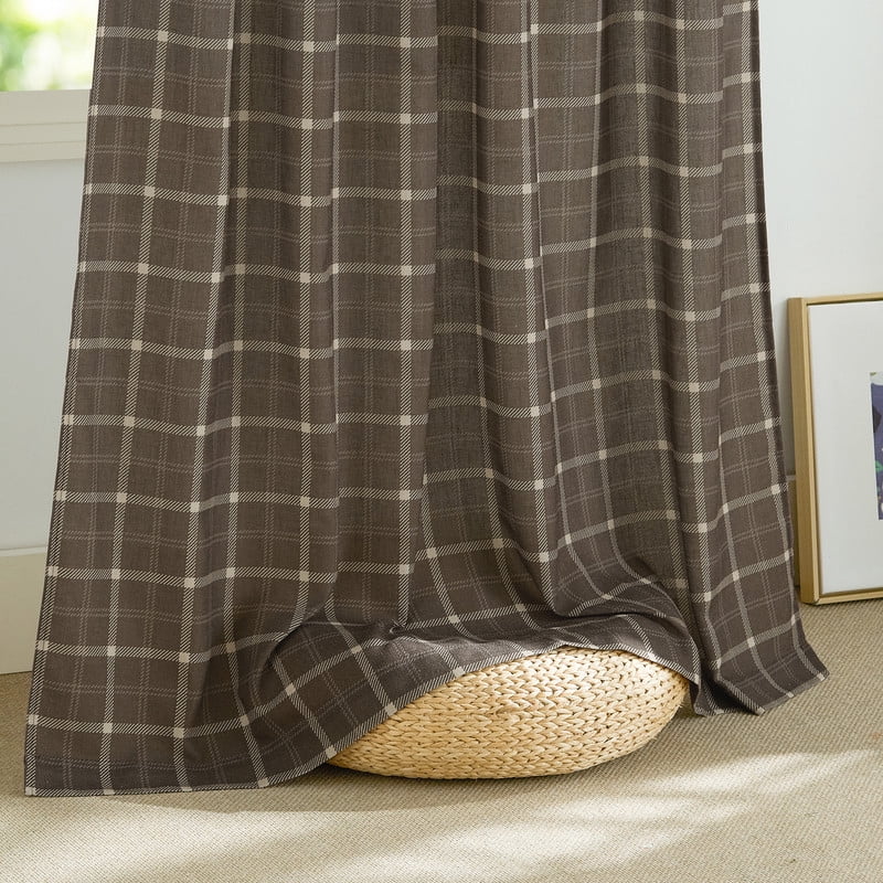 NICETOWN Plaid Curtains 63 inches Long, Linen Grid Pattern Light Filtering Privacy Shade for Kitchen Bedroom, Farmhouse Rod Pocket Back Tab Semi Sheer Curtains, Taupe, 2 Panels