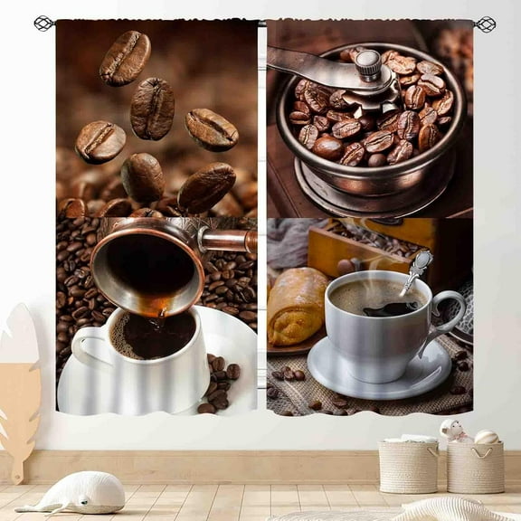 Rustic Kitchen Curtains, Farmhouse Retro Coffee Time Vintage Latte Cafe Tea Cup Cottage Country Brown Window Drapery Treatments for Dining Room Bedroom Living Room 2 Panels, 84"x84" Inch