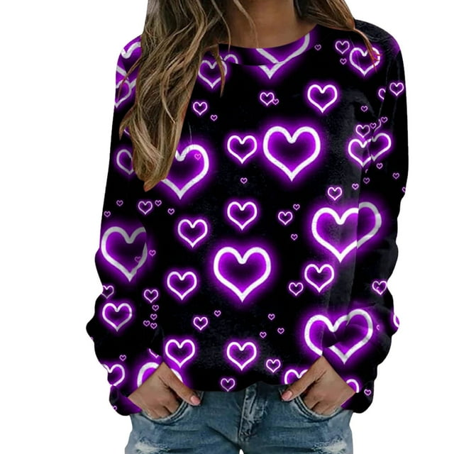 EHQJNJ Chandails en Molleton pour Femmes Design Graphique Imprimé Quotidien Saint-Valentin Col Rond Pull Décontracté Manches Longues Blouse Ample