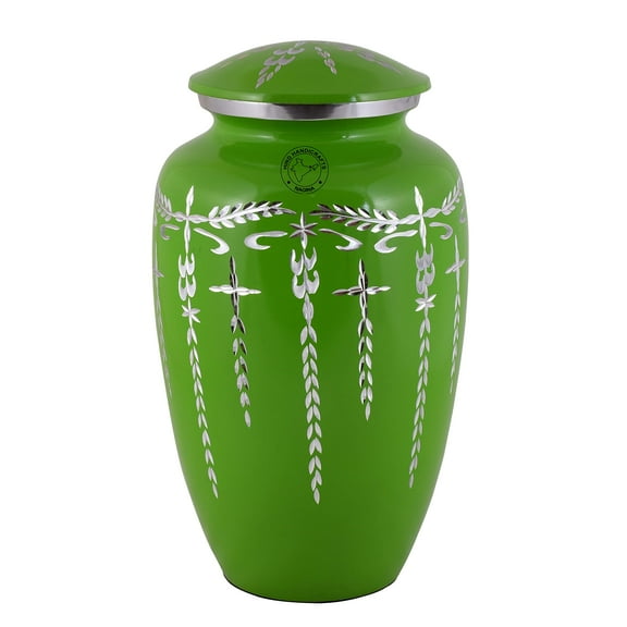 Aluminium Cremation Urn for Human Ashes Adult - Handcrafted Funeral Memorial Ash Storage Urn - Affordable Urn - Bag Included (6.5" x 6.5" x 10.5" - 200lbs or 91kg, Matte Green)