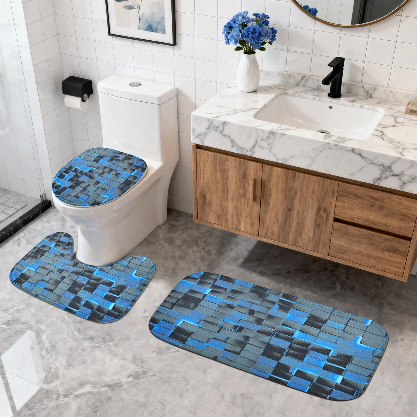 Dznils 3D Blue Cubes Shower Curtains and Bath Rug Set, Modern Fabric Bathroom Curtain Sets, 72" x 72"