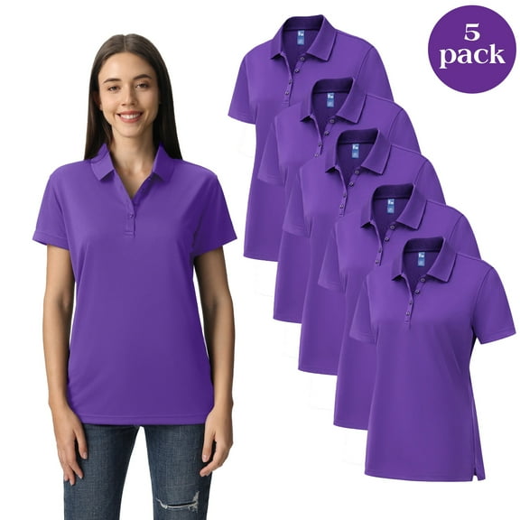Zfeel Dry Fit Performance Women Polo T-Shirt, Poly Moisture Wicking Casual Shirt, Purple Tee 5 Pack, Size S