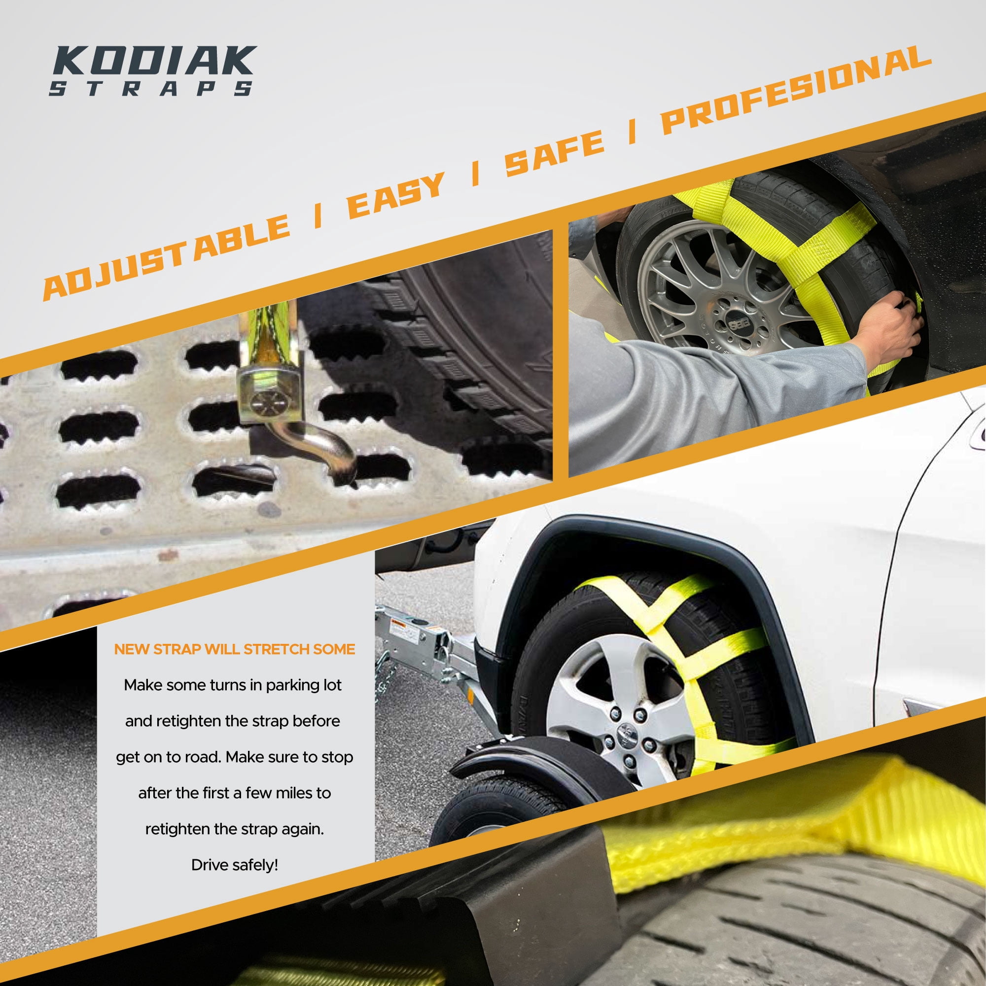 KODIAK STRAPS Adjustable Wheel Net Tow Dolly Basket Straps with Swivel J Hooks (2 Pack) Tow Dolly Straps Universal for 14"-22" Tires - strap for dolly with Ratchet or Winches, 10,000lbs Break Strengt