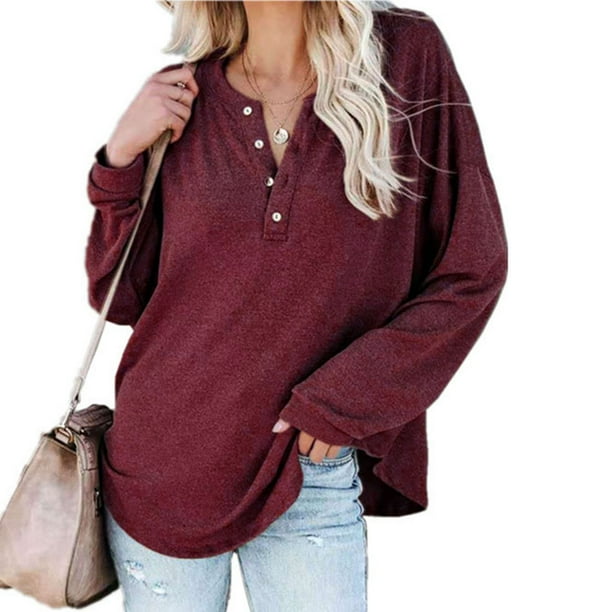 Blouse Long Sleeve Round Neck Button Pullover Pure Color Comfortable
