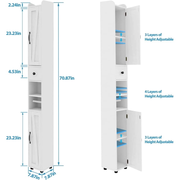 Tall Bathroom Storage Cabinet with Adjustable Shelves, Narrow Storage Cabinet with 2 Doors, Drawer, Toilet Paper Holder, Slim Storage Cabinet for Small Space, Kitchen, Laundry, Entryway, White