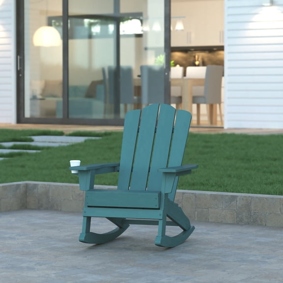 Emma Oliver Adirondack Rocking Chair with Cup Holder, Weather Resistant HDPE Adirondack Rocking Chair in Blue
