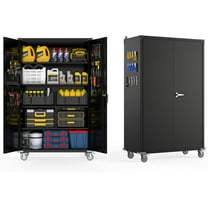 Wide & Deep Garage Storage Cabinet with Wheels & Pegboards, 72"H Metal Storage Cabinet with Locking Door & Adjustable Shelves, Rolling Tool Cabinet for Garage, Shop, Office, 71.97"x43.31"x21.85"