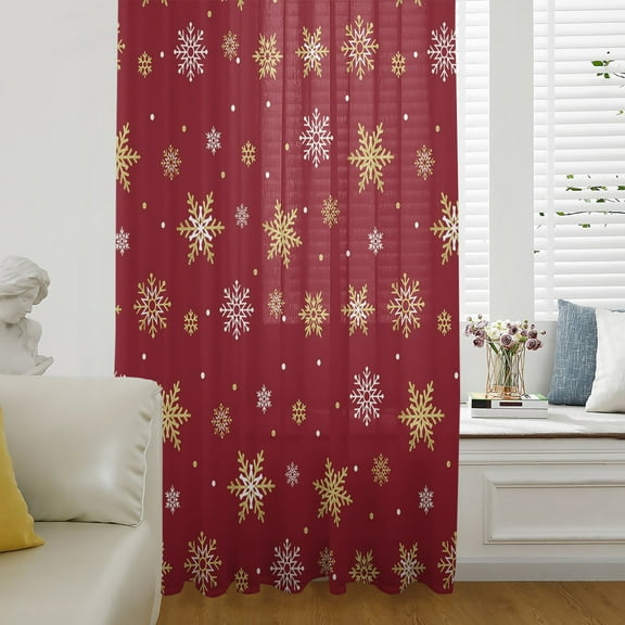 Red Christmas Snowflake Semi Sheer Curtains Drapes for Living Room,Bedroom,French Doors Window 45 Inches Long,Yellow White Xmas Winter Snowflake Rod Pocket Chiffon Curtain Drapery Voile Drape Panel