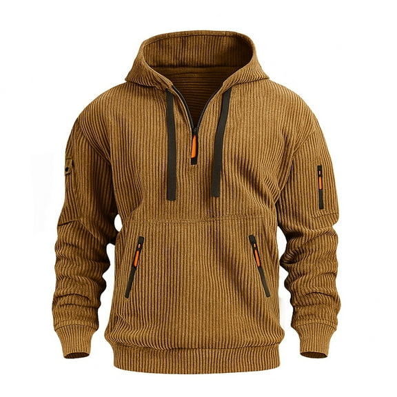 LWavelet Mens Corduroy Pullover Hoodie Ribbed Half Zip Sweatshirt Long Sleeve Casual Winter Warm Fleece Lined Hooded Top with Pockets