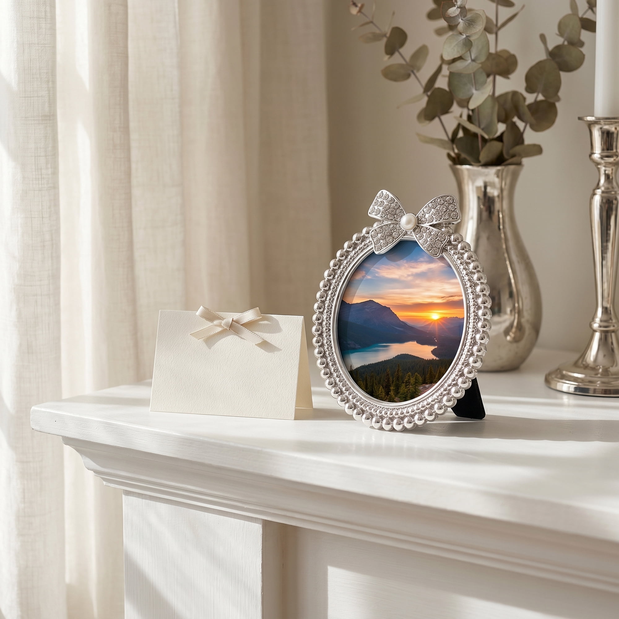 Unique Bargains Bow Picture Frame Cute Pearl Photo Frame with HD Glass Gray 2.95"x 2.95"