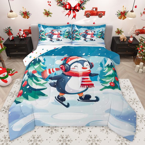 Manfei Cartoon Penguin Skating 2pcs Bedding Comforter Set for Kids Teens,Xmas Tree Twin Comforter Sets,Merry Christmas Breathable Bedding Set,Breathable Home Decor,Reversible