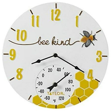 Taylor Bee Kind Poly Resin Indoor and Outdoor Clock and Thermometer, Home Decor for Garden, Patio, Pool, and Indoor Areas, 14-inch, Multi-Color